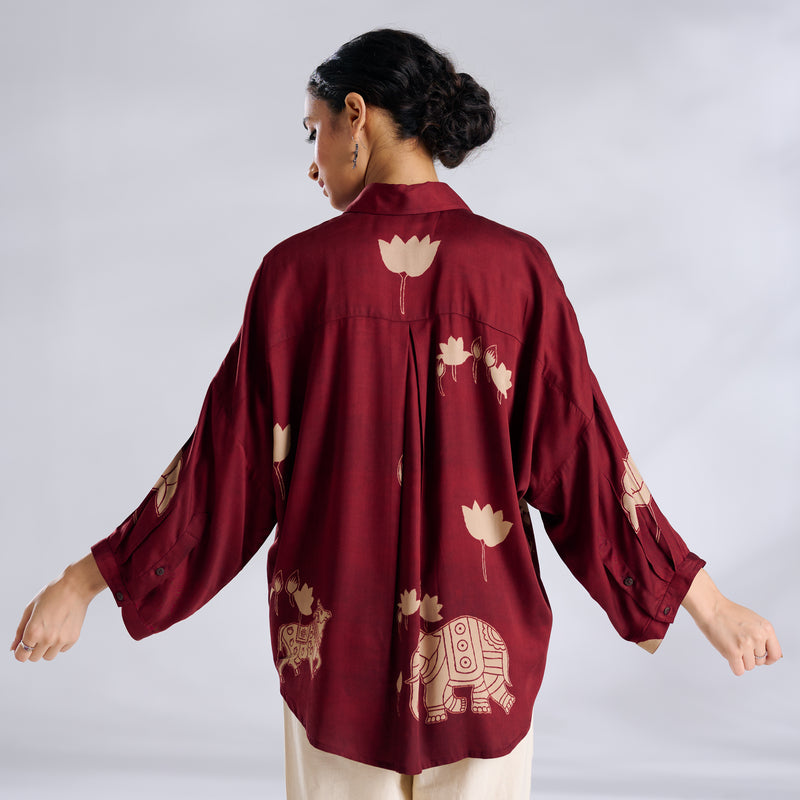 Ele Fun Oversized Modal Satin Shirt - Maroon