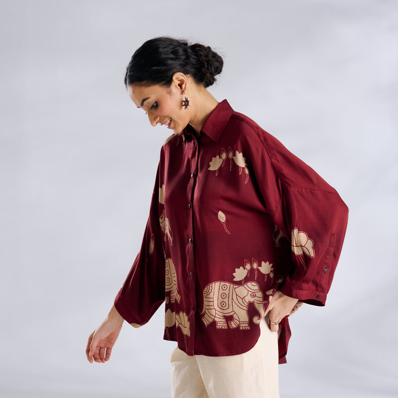 Ele Fun Oversized Modal Satin Shirt - Maroon