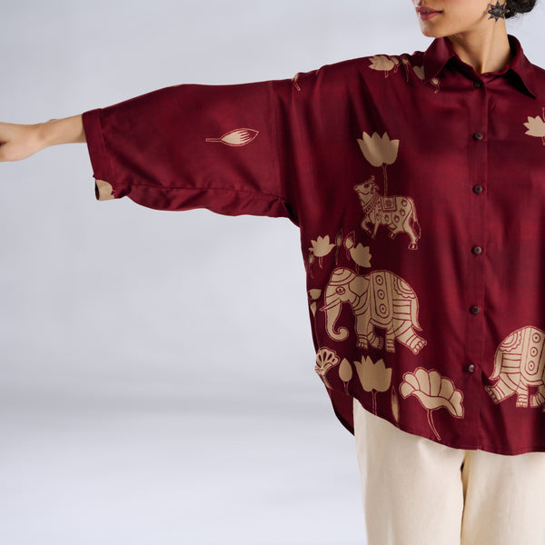 Ele Fun Oversized Modal Satin Shirt - Maroon