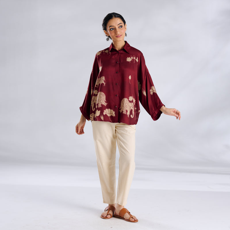 Ele Fun Oversized Modal Satin Shirt - Maroon
