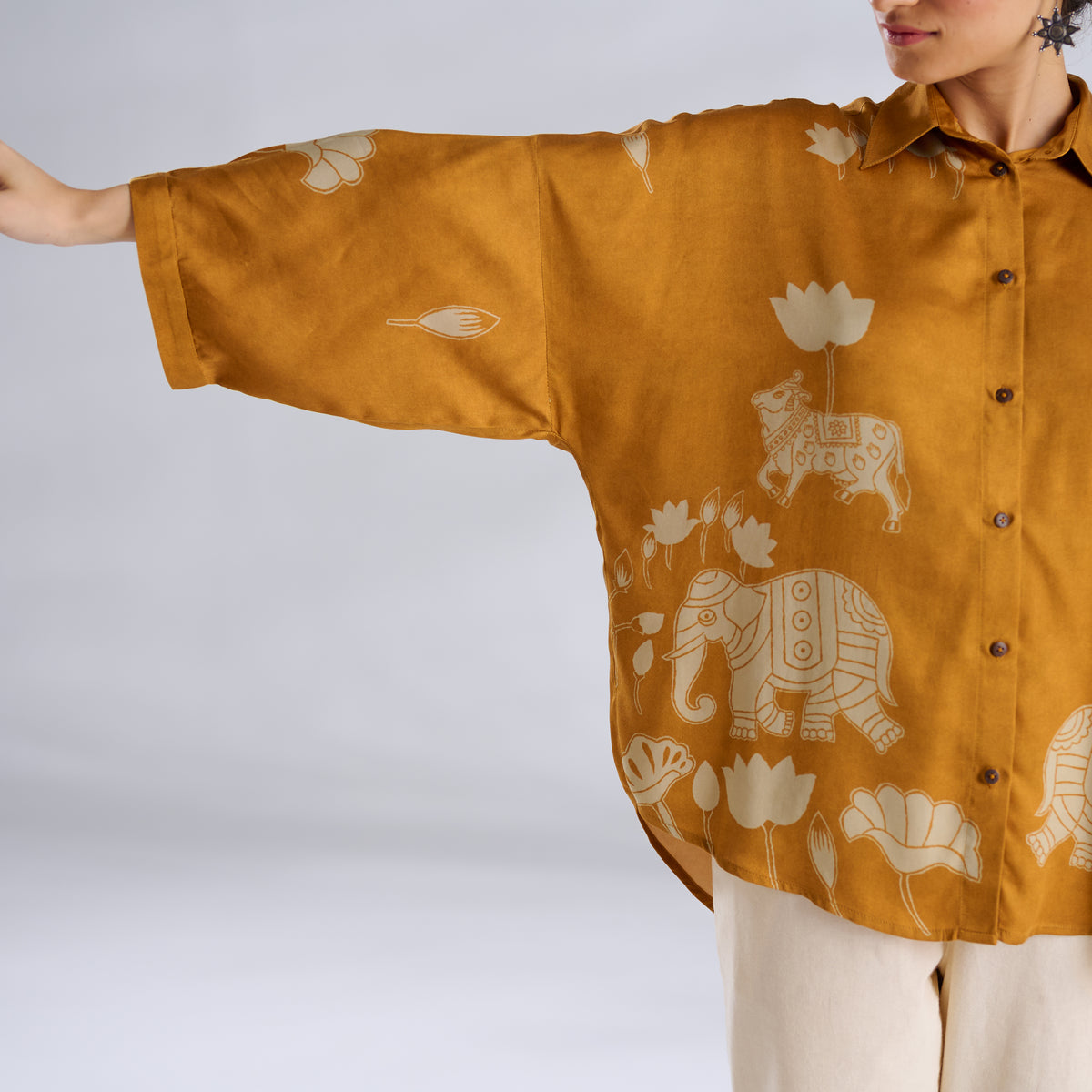 Ele Fun Oversized Modal Satin Shirt - Yellow