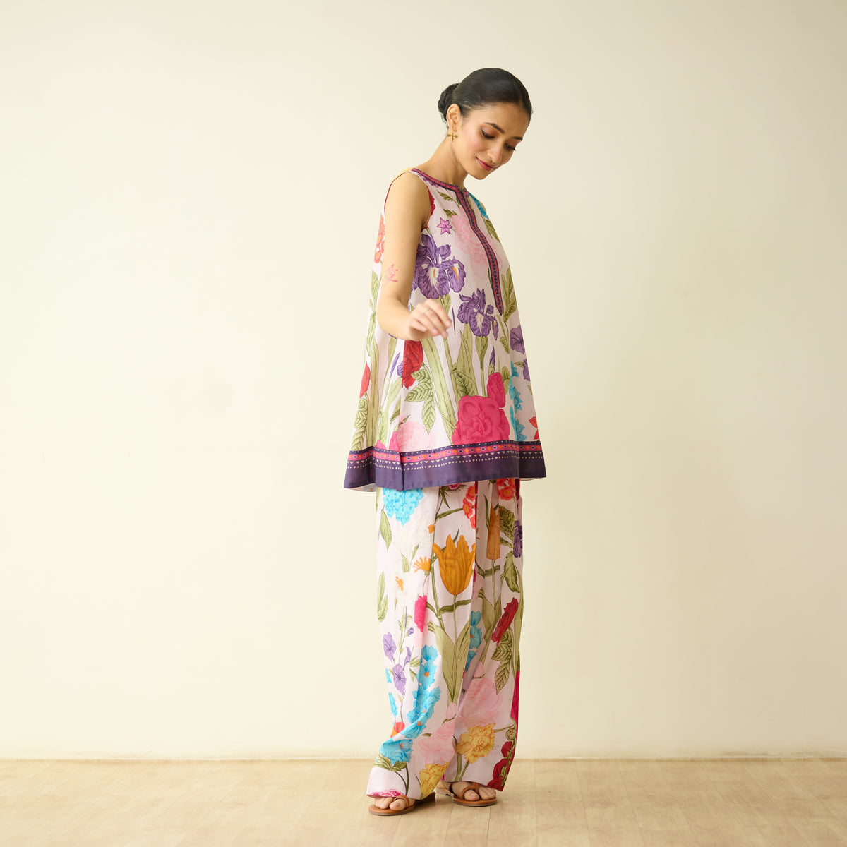 Flower Garden Slub Cotton Farsi Coord Set - Soft Pink