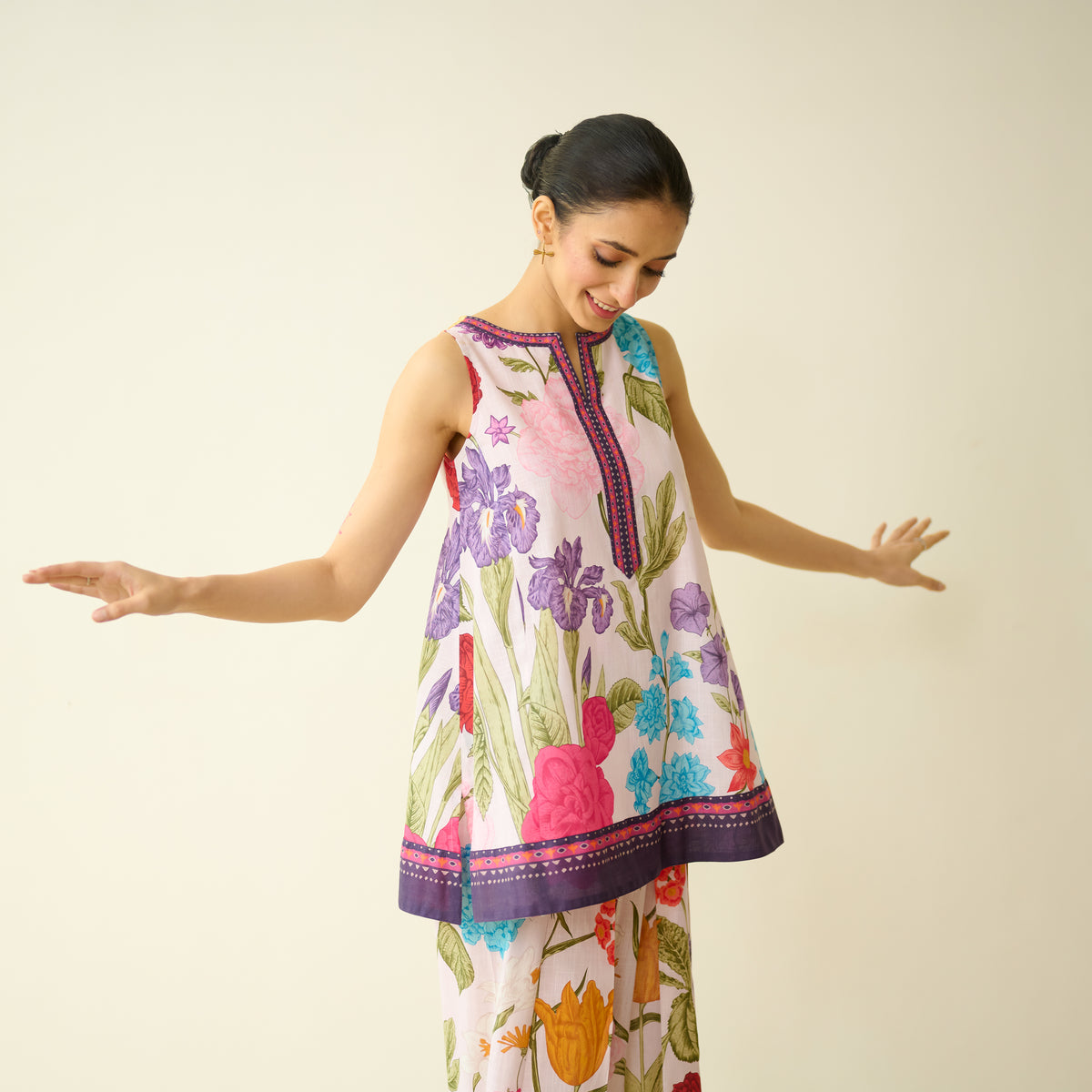 Flower Garden Slub Cotton Farsi Coord Set - Soft Pink