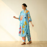 Into the Wilderness Slub Cotton Kurta Set - Sky Blue