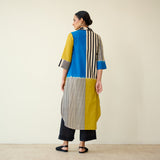 Retro Slub Cotton Statement Kurta - Electric Blue & Ochre Yellow