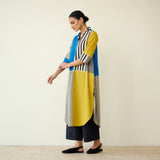 Retro Slub Cotton Statement Kurta - Electric Blue & Ochre Yellow