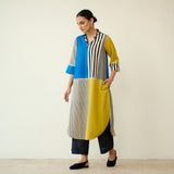 Retro Slub Cotton Statement Kurta - Electric Blue & Ochre Yellow