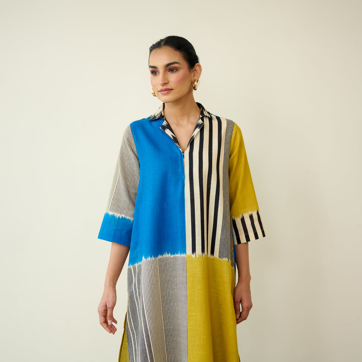 Retro Slub Cotton Statement Kurta - Electric Blue & Ochre Yellow