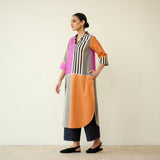 Retro Slub Cotton Statement Kurta - Pink & Tangerine