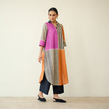Retro Slub Cotton Statement Kurta - Pink & Tangerine