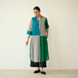 Retro Slub Cotton Statement Kurta - Teal & Green