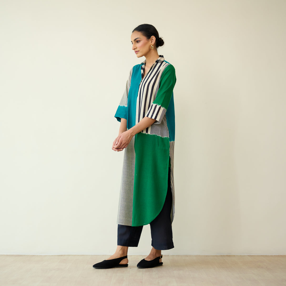 Retro Slub Cotton Statement Kurta - Teal & Green