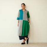 Retro Slub Cotton Statement Kurta - Teal & Green