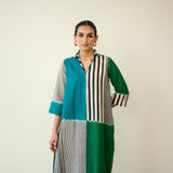Retro Slub Cotton Statement Kurta - Teal & Green