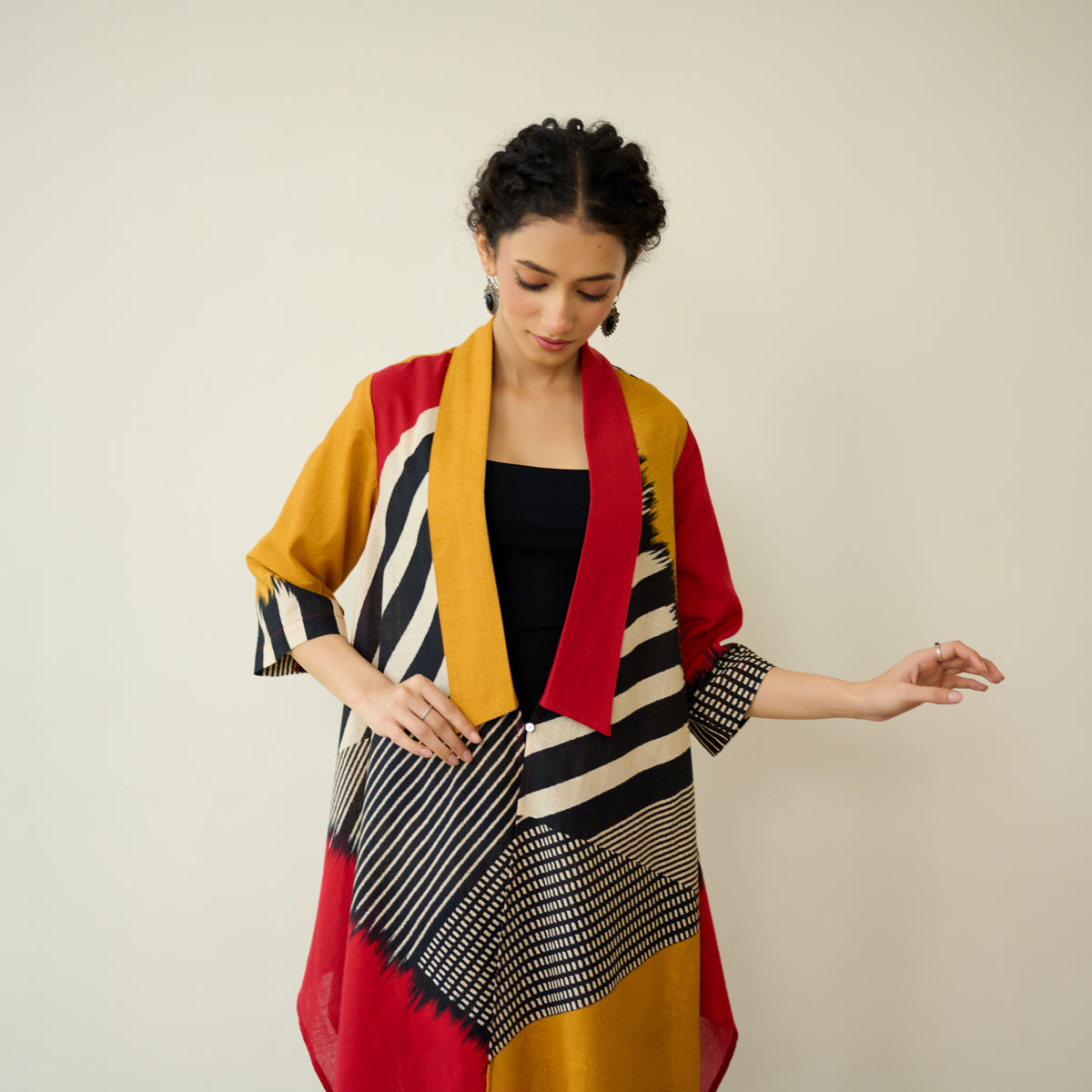 Mix and Match Slub Cotton Shrug Set - Tomato Red & Turmeric Yellow