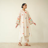 Blossom Hand Embroidered Slub Cotton Kurta Set - Ivory