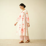 Lotus Bloom Mulmul Cotton Kurta Set - Peach Red