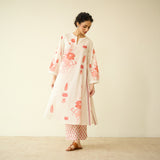 Lotus Bloom Mulmul Cotton Kurta Set - Peach Red