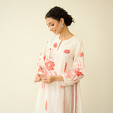 Lotus Bloom Mulmul Cotton Kurta Set - Peach Red