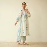 Lotus Bloom Mulmul Cotton Kurta Set - Asmani Blue