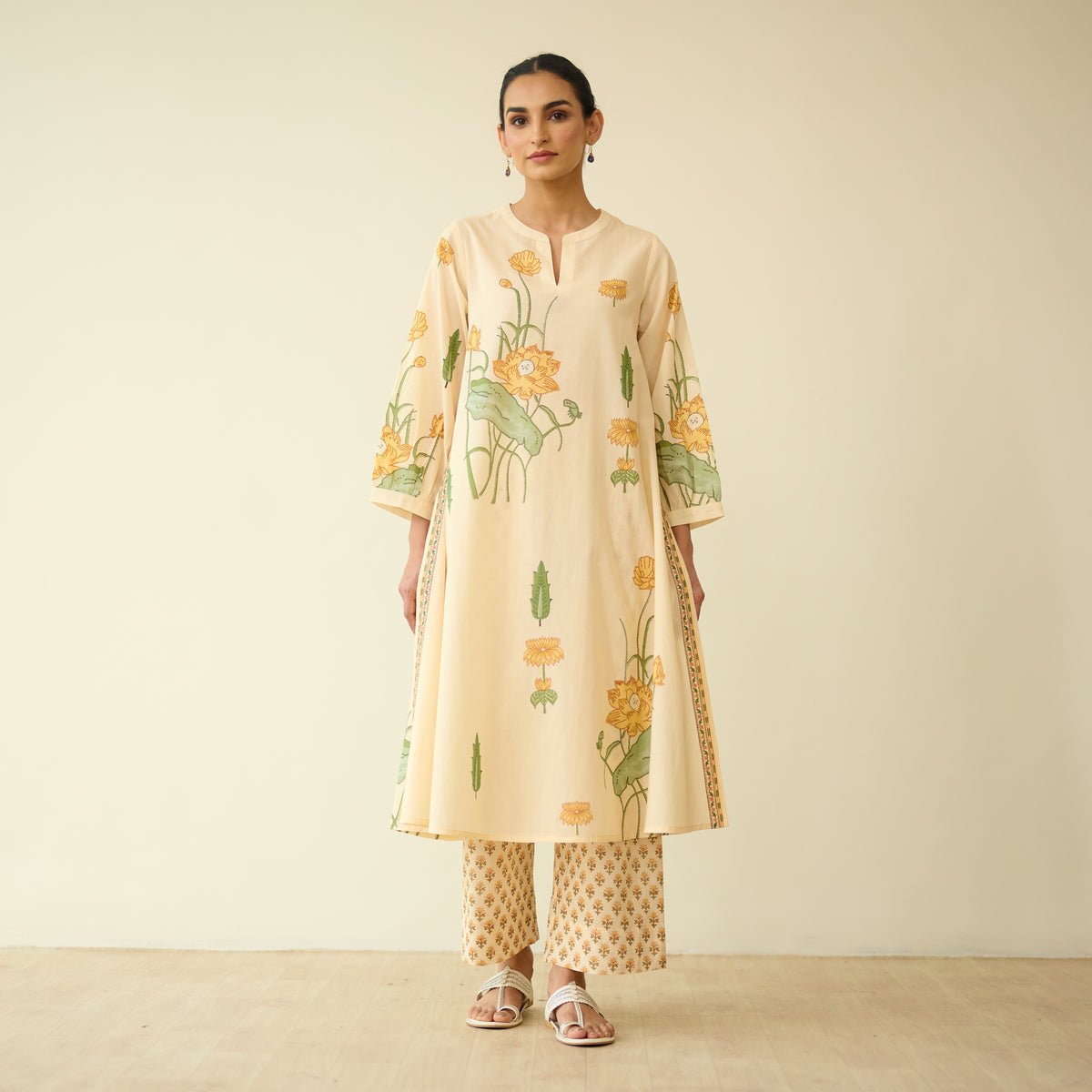 Lotus Bloom Mulmul Cotton Kurta Set - Butter Yellow