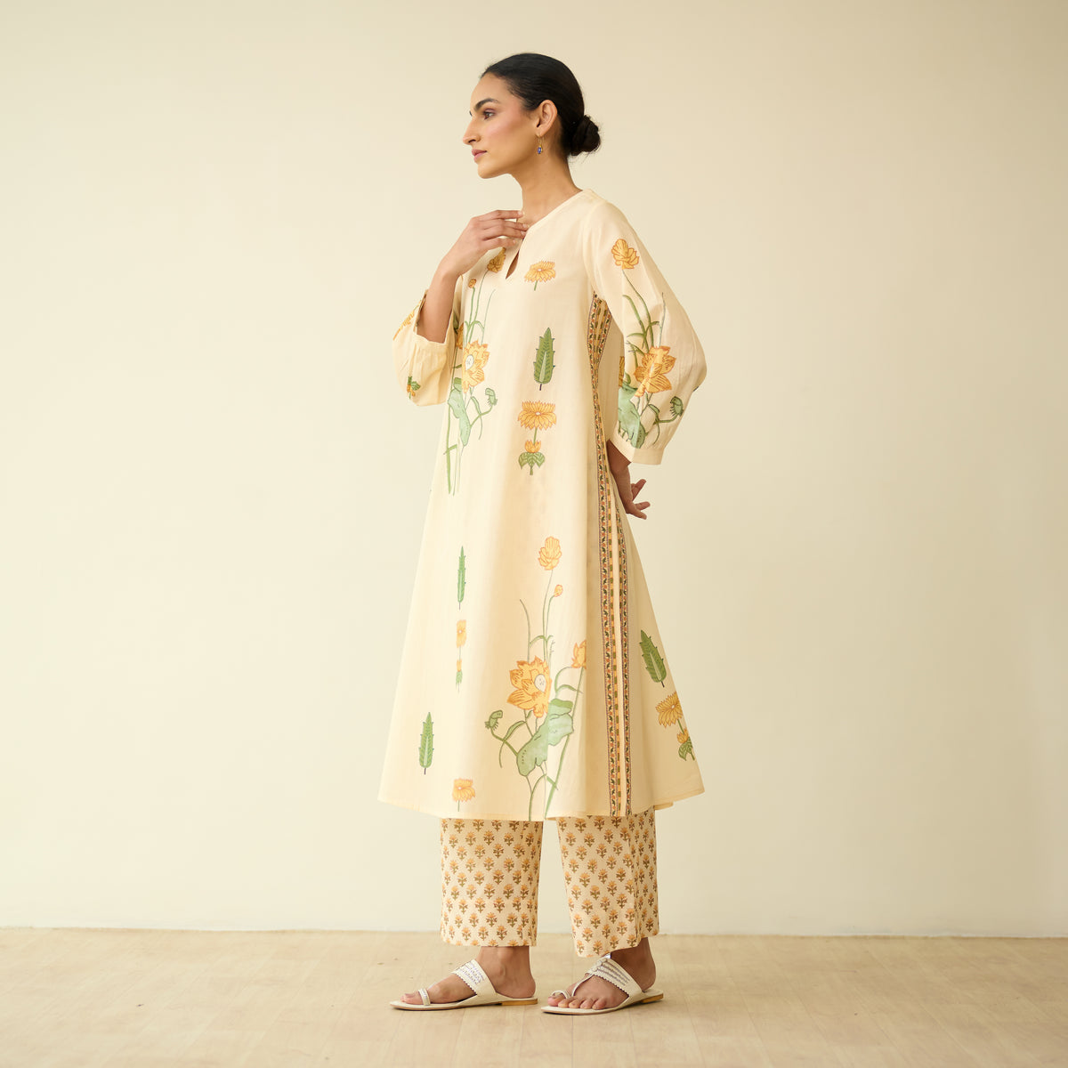 Lotus Bloom Mulmul Cotton Kurta Set - Butter Yellow