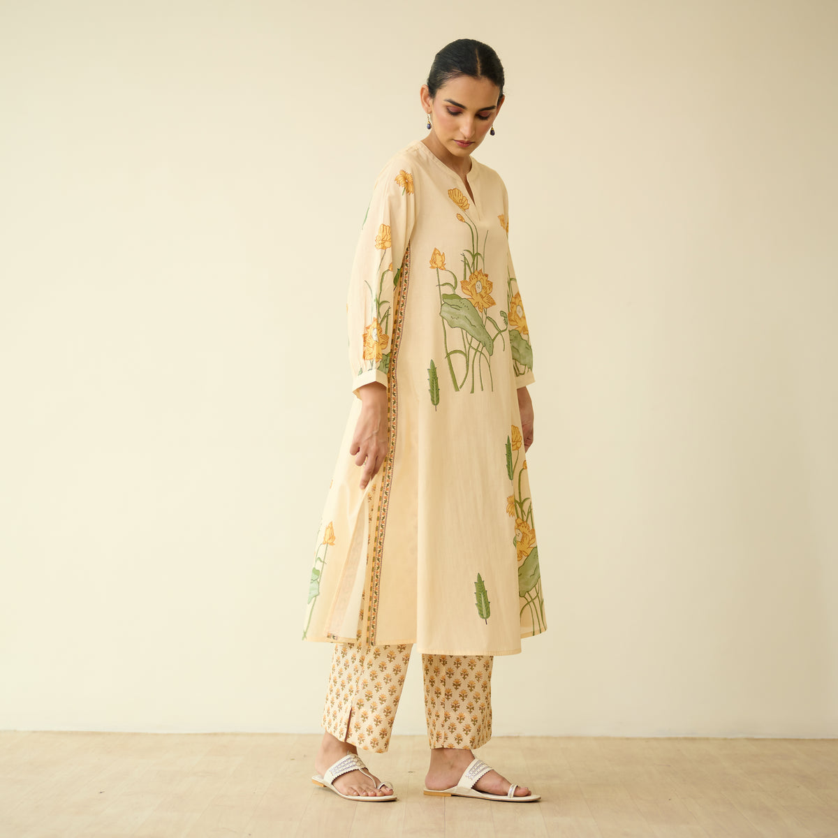 Lotus Bloom Mulmul Cotton Kurta Set - Butter Yellow