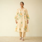 Lotus Bloom Mulmul Cotton Kurta Set - Butter Yellow