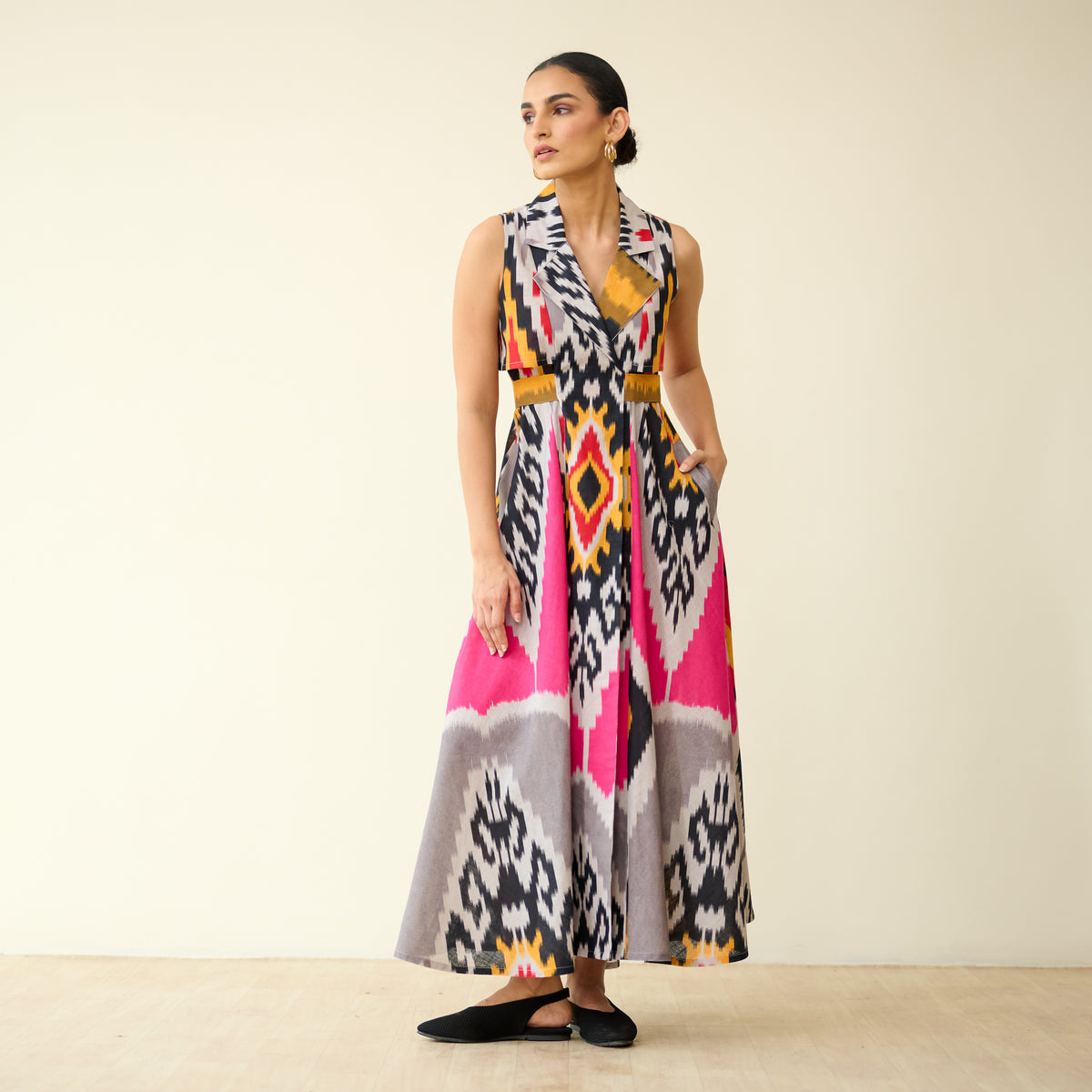 Bohemian Breeze Slub Cotton Dress - Pink & Grey