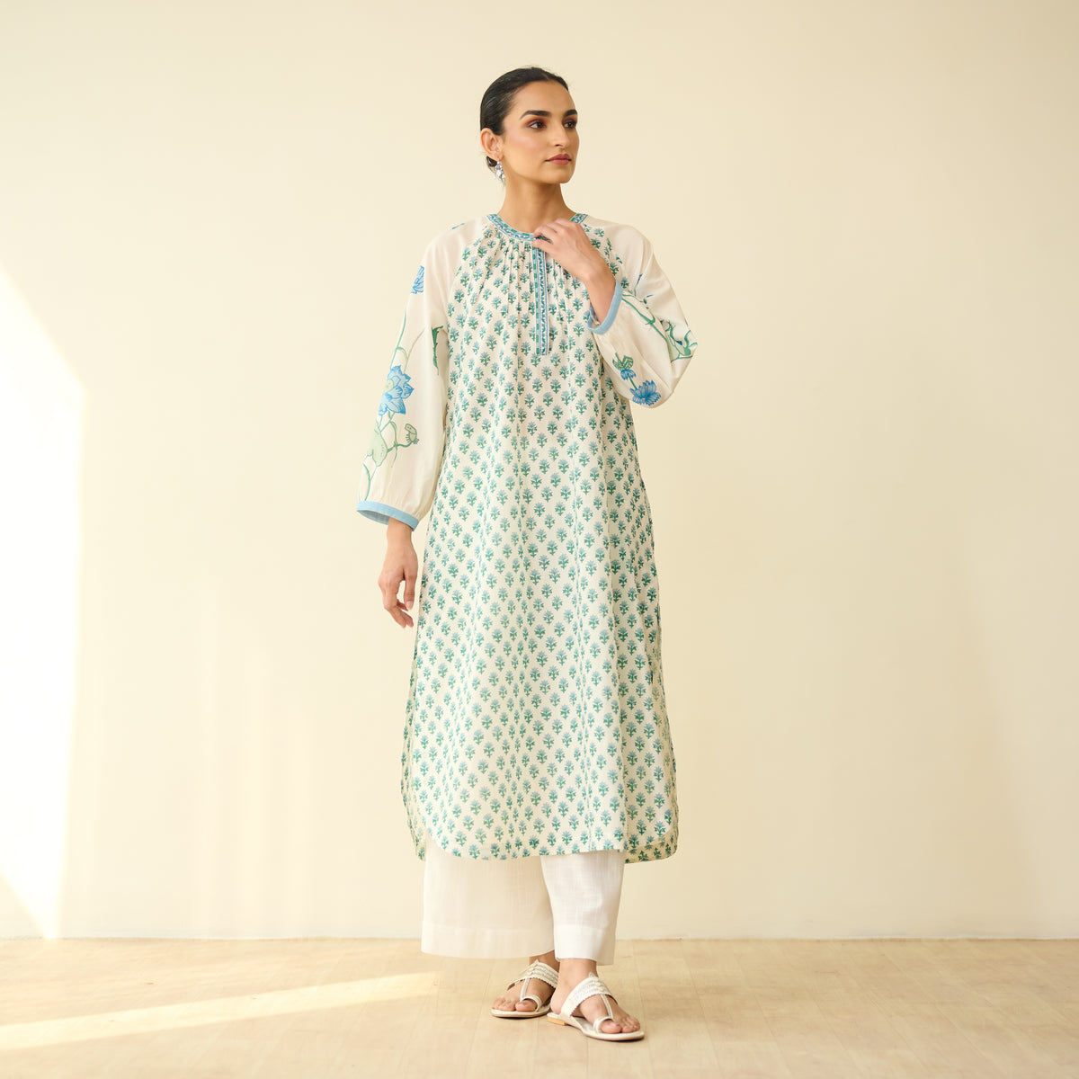 Sunlit Lotus Mulmul Cotton Everyday Kurta - Asmani Blue