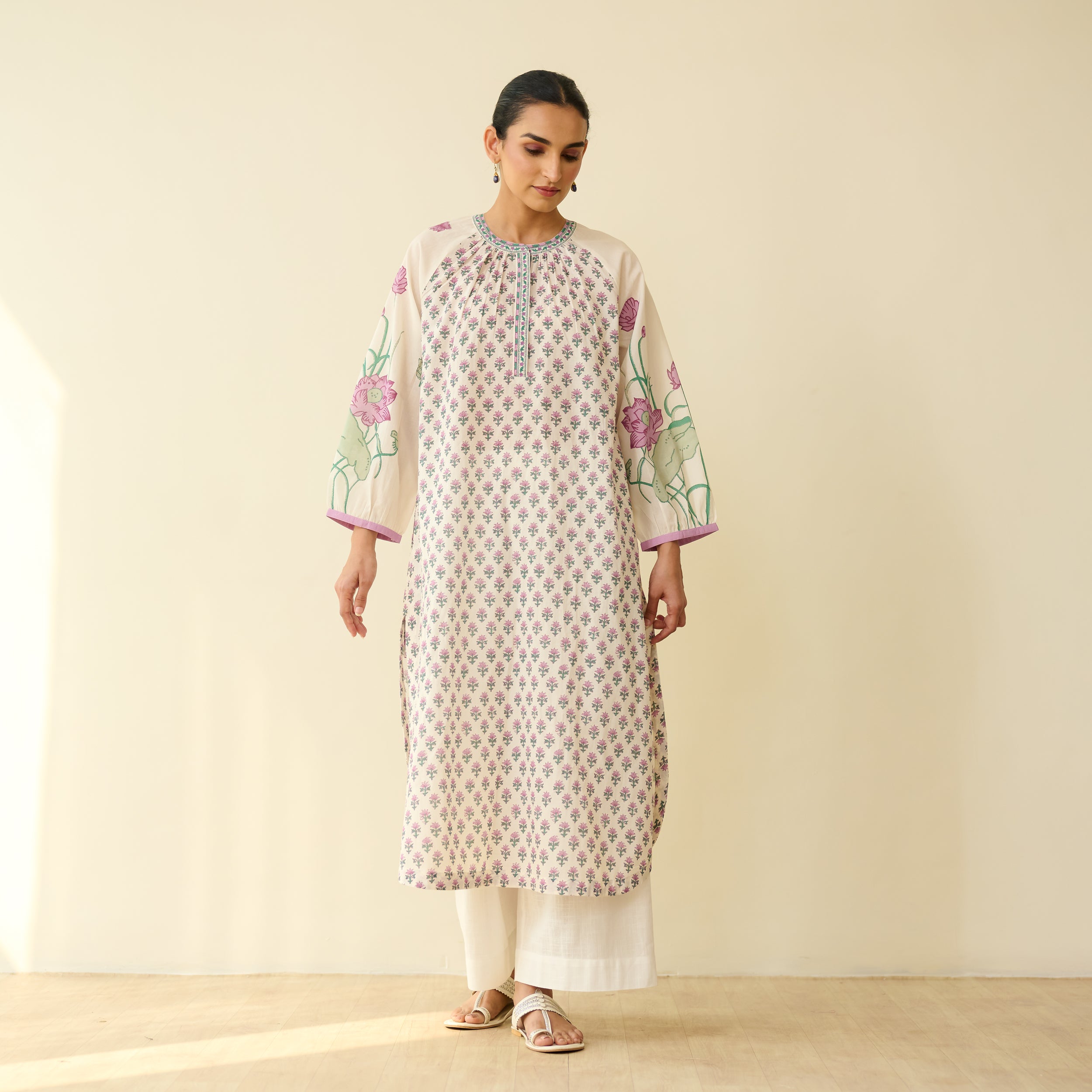 Sunlit Lotus Mulmul Cotton Everyday Kurta - Lilac