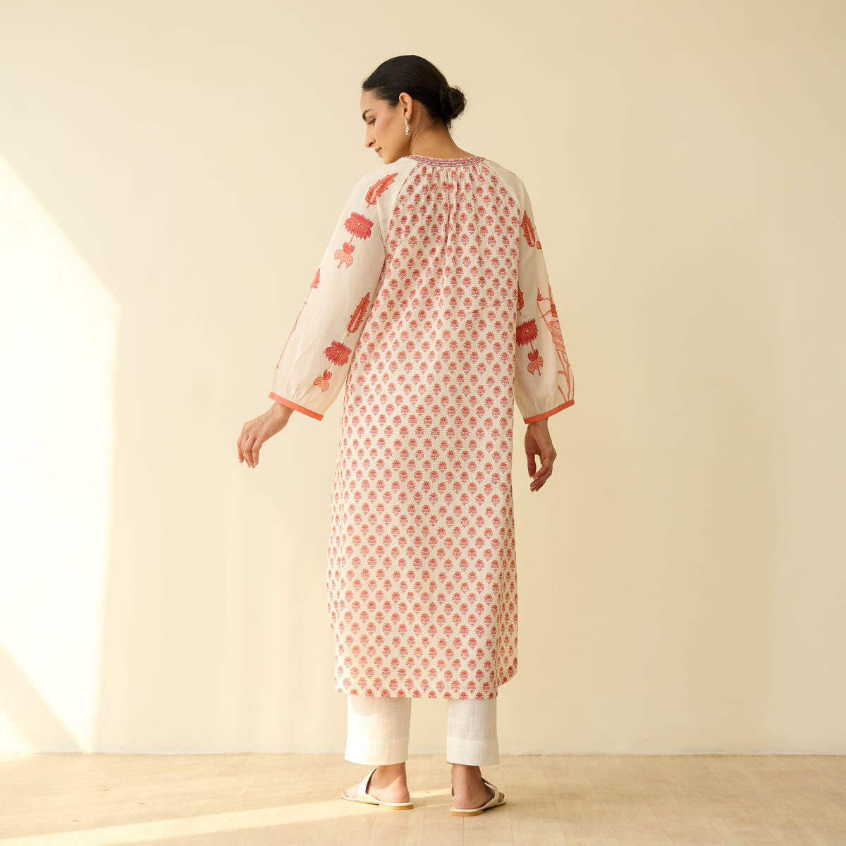 Sunlit Lotus Mulmul Cotton Everyday Kurta - Peachy Red