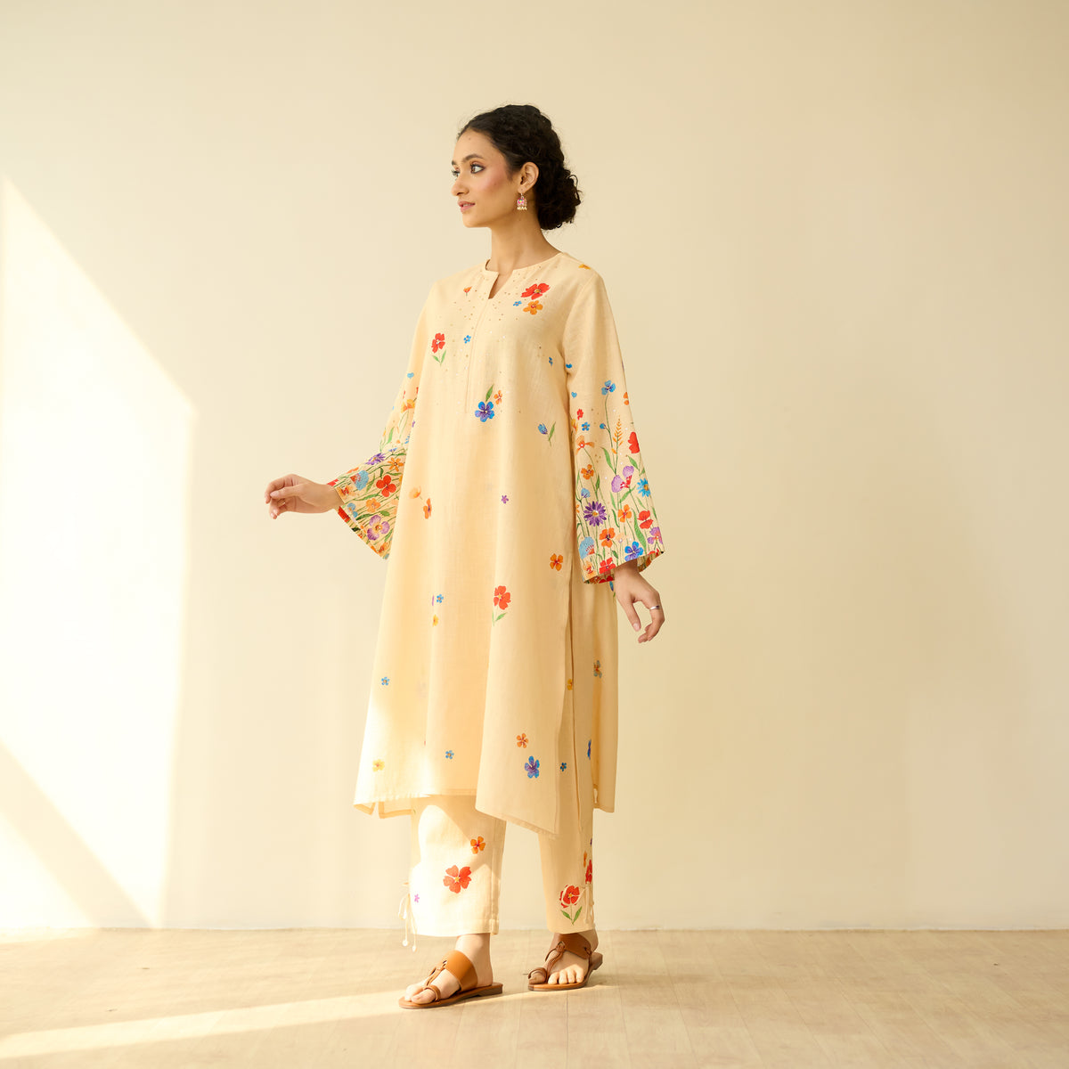 Blossom Hand Embroidered Slub Cotton Kurta Set - Butter Yellow