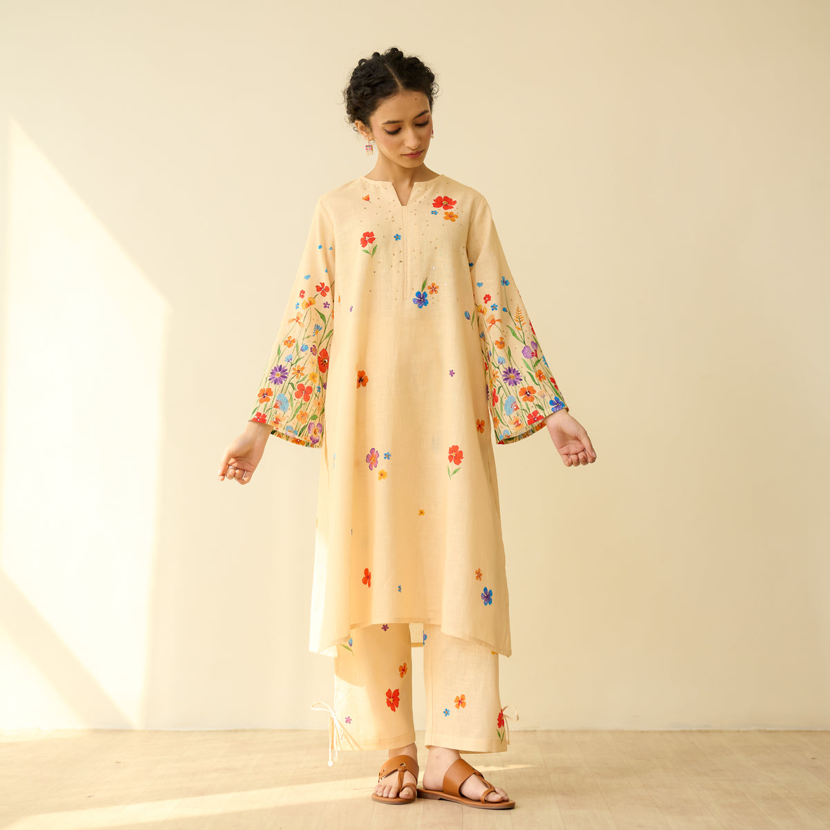 Blossom Hand Embroidered Slub Cotton Kurta Set - Butter Yellow