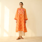 Roshani Kota Doria Cotton Kurta - Orange & Red