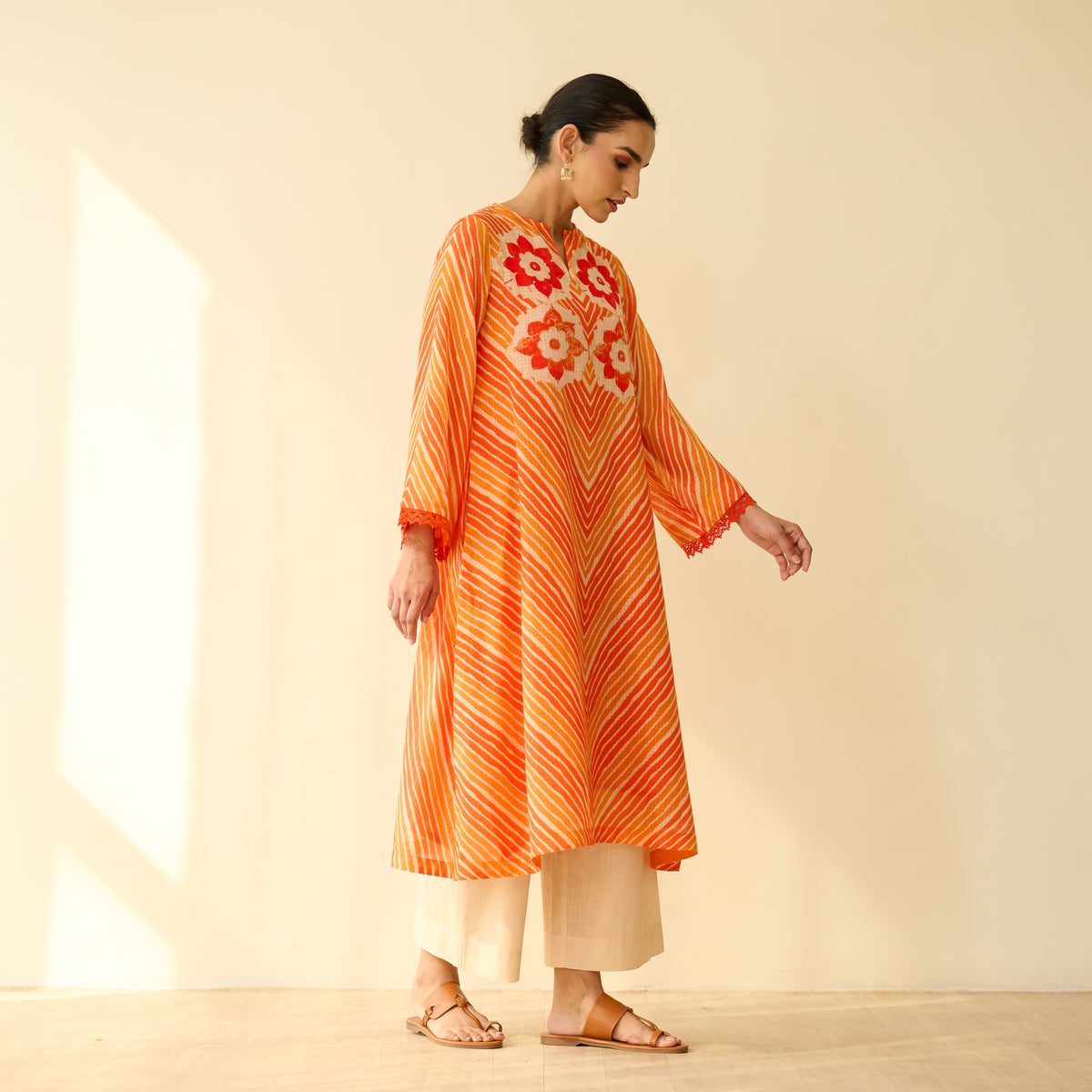 Roshani Kota Doria Cotton Kurta - Orange & Red