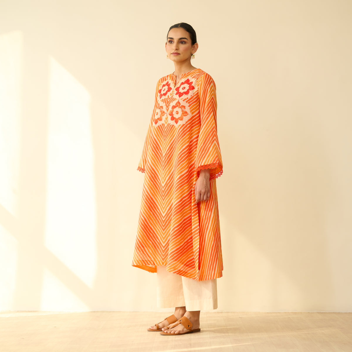 Roshani Kota Doria Cotton Kurta - Orange & Red