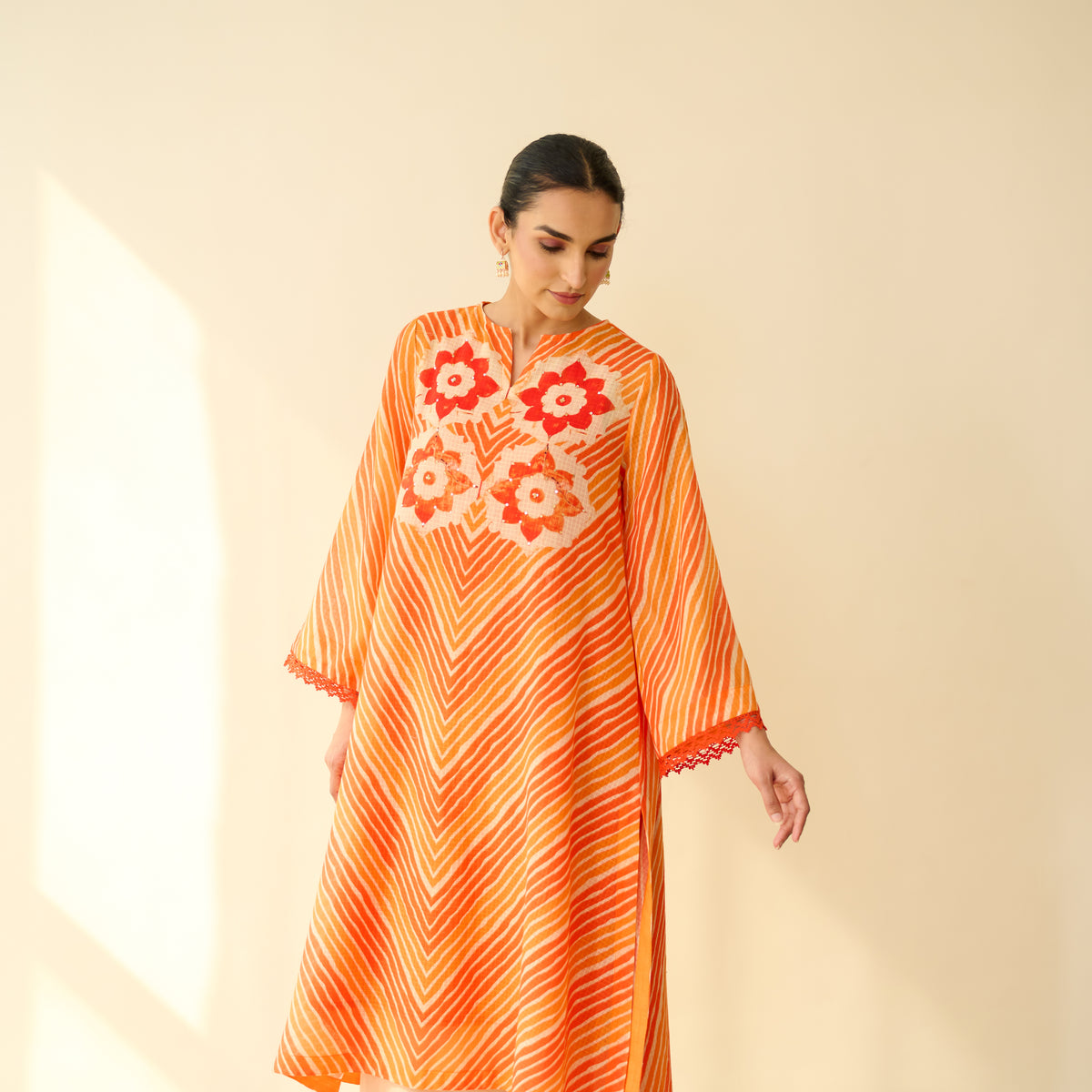 Roshani Kota Doria Cotton Kurta - Orange & Red