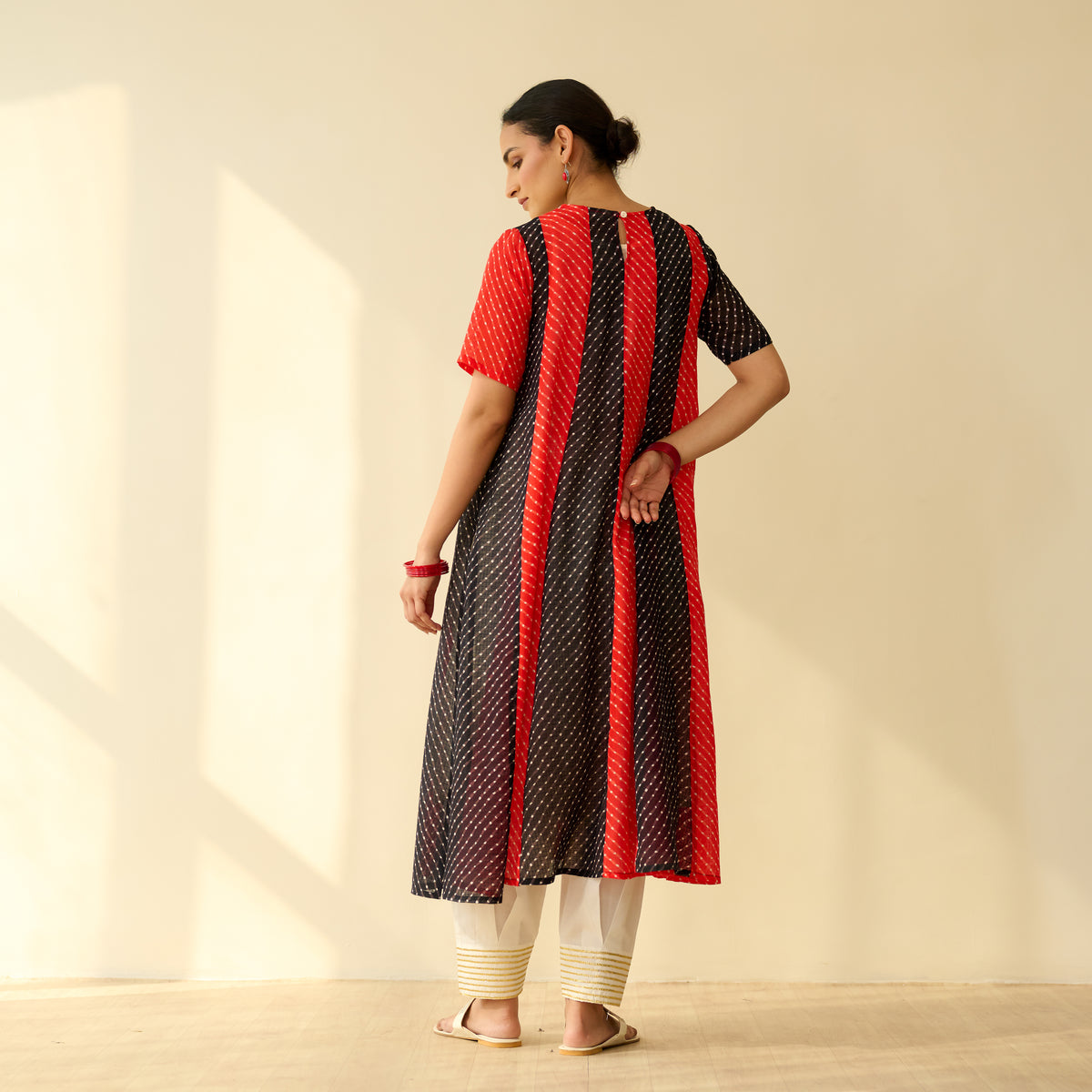 Rani Hand Embroidered Kota Doria Cotton Kurta - Red & Black
