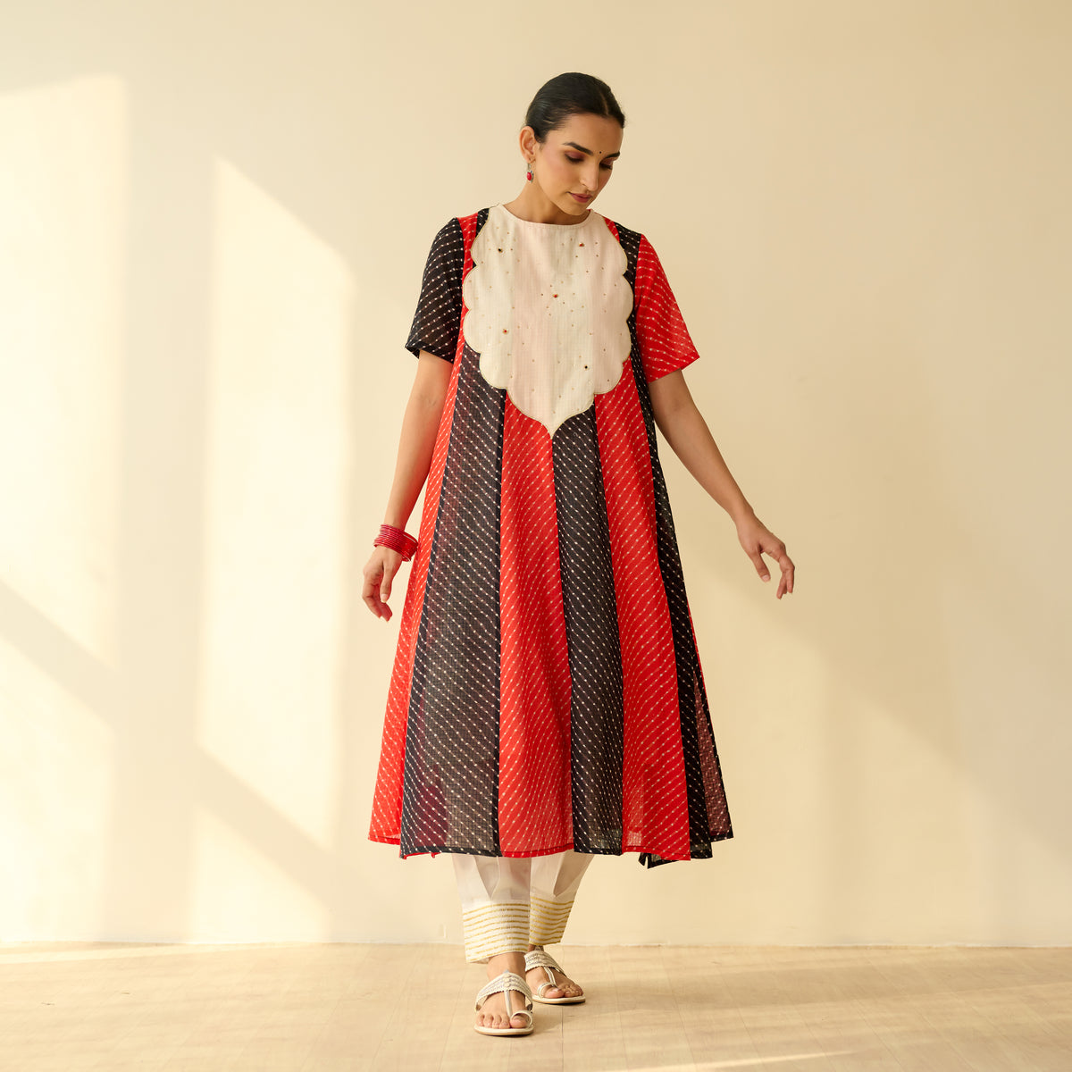 Rani Hand Embroidered Kota Doria Cotton Kurta - Red & Black