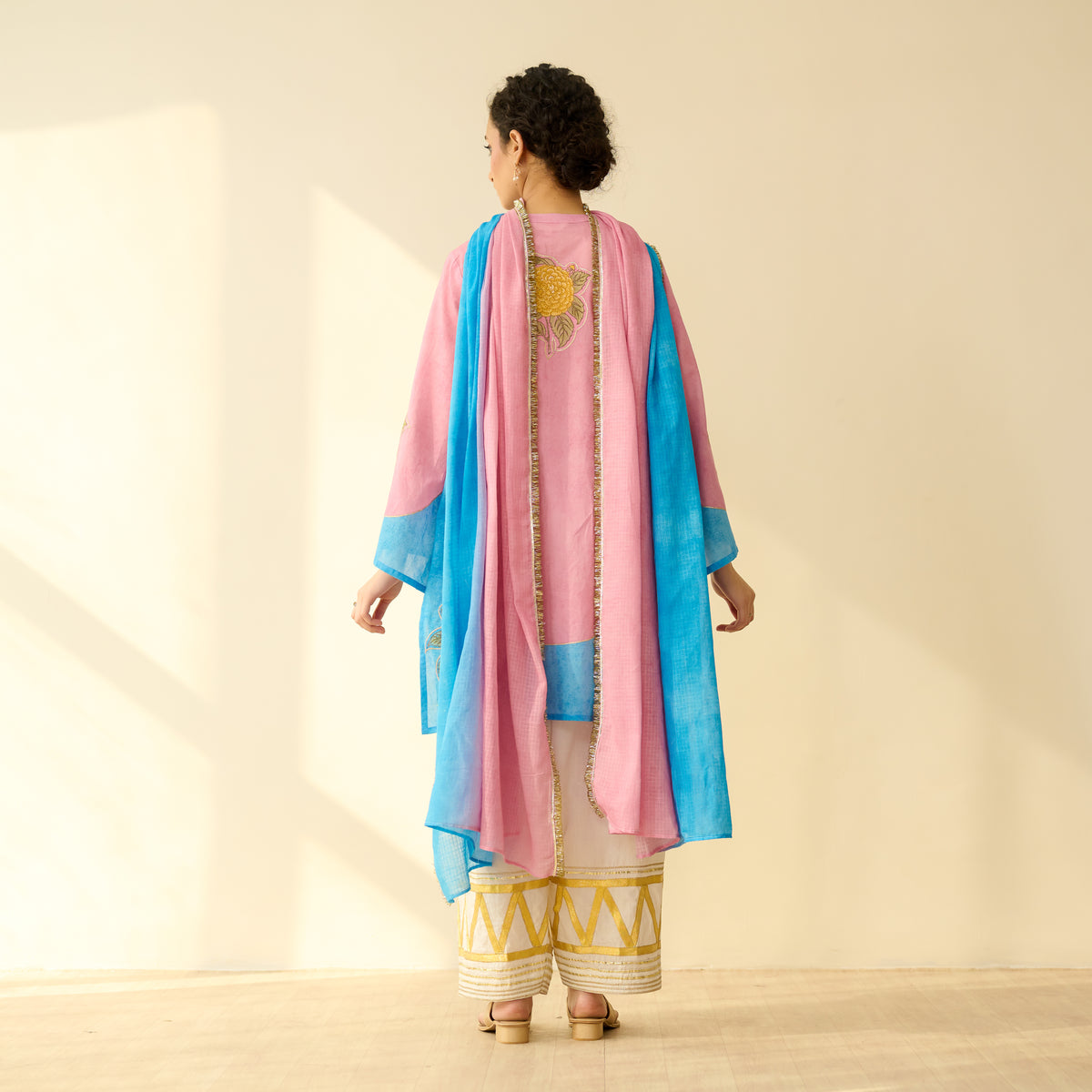 Gulabo Semi Festive Mulmul Cotton Salwar Set with Dupatta - Asmani Blue & Makhmali Pink