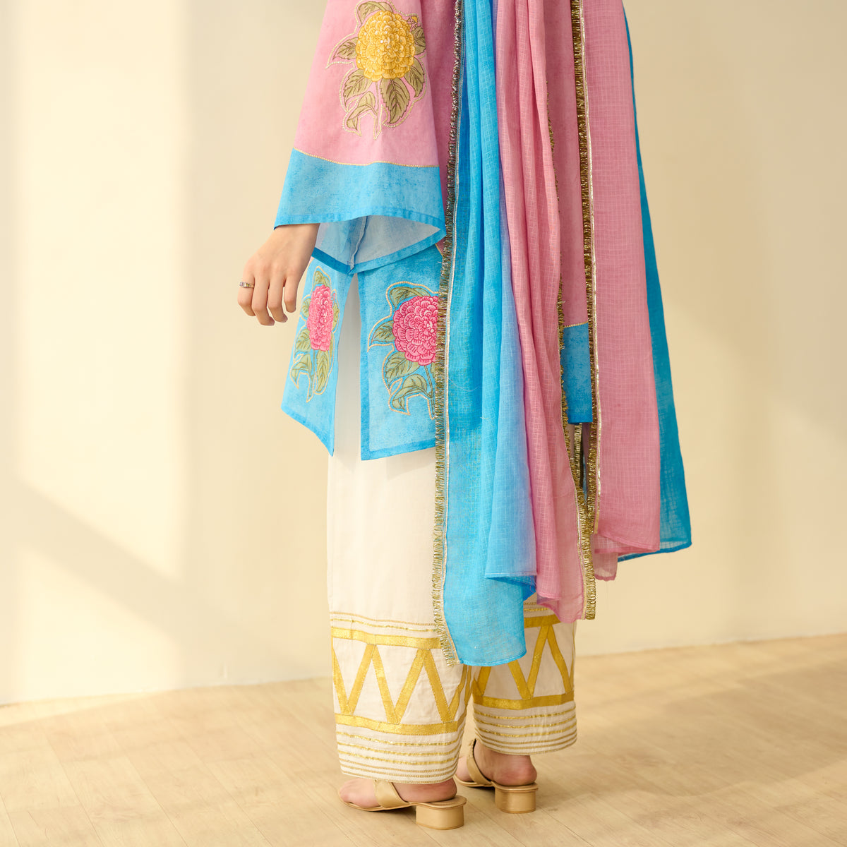 Gulabo Semi Festive Mulmul Cotton Salwar Set with Dupatta - Asmani Blue & Makhmali Pink