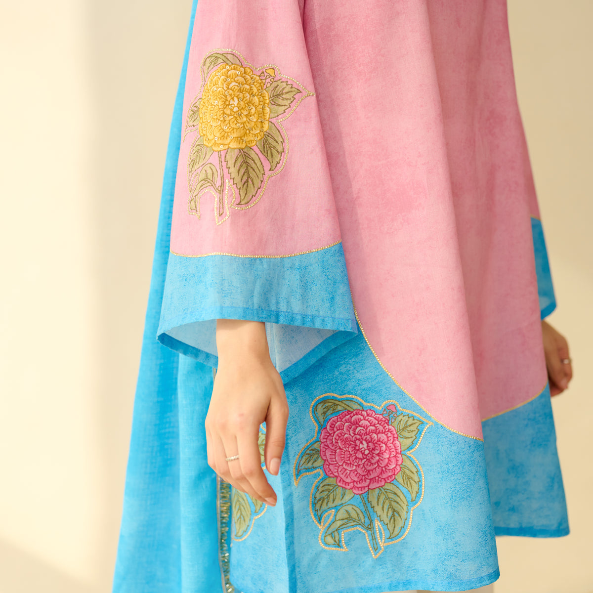 Gulabo Semi Festive Mulmul Cotton Salwar Set with Dupatta - Asmani Blue & Makhmali Pink