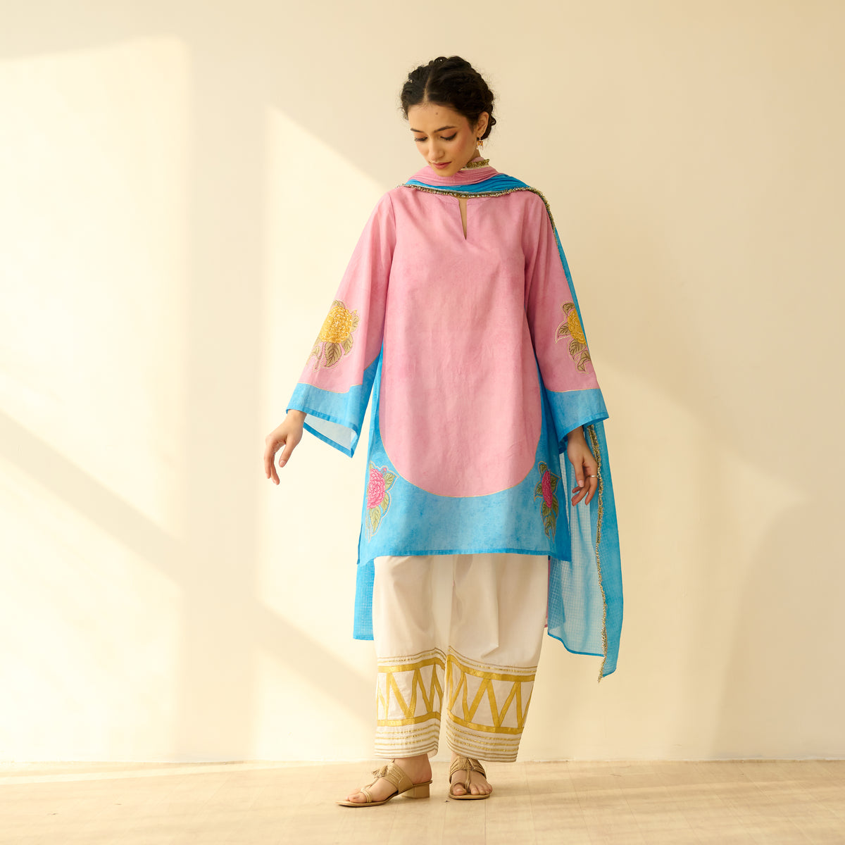 Gulabo Semi Festive Mulmul Cotton Salwar Set with Dupatta - Asmani Blue & Makhmali Pink