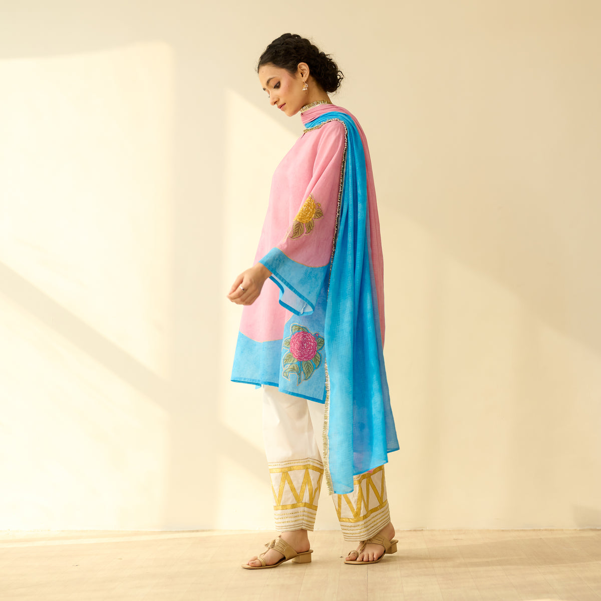 Gulabo Semi Festive Mulmul Cotton Salwar Set with Dupatta - Asmani Blue & Makhmali Pink