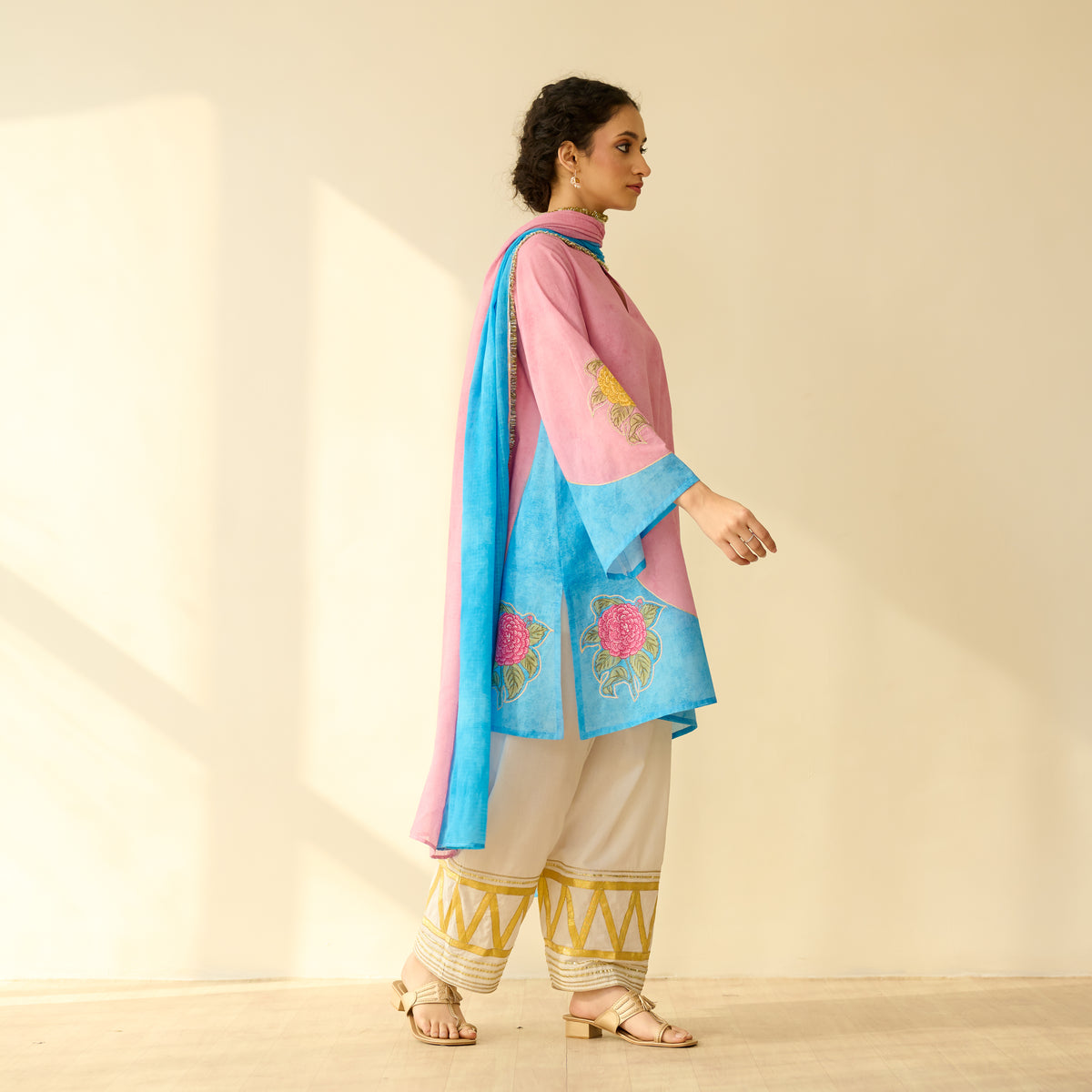 Gulabo Semi Festive Mulmul Cotton Salwar Set with Dupatta - Asmani Blue & Makhmali Pink
