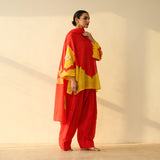 Sundari Kota Doria Cotton Farshi Set with Dupatta - Sindoori Laal & Haldi Yellow