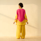 Sundari Kota Doria Cotton Farshi Set with Dupatta - Gulal Pink & Haldi Yellow