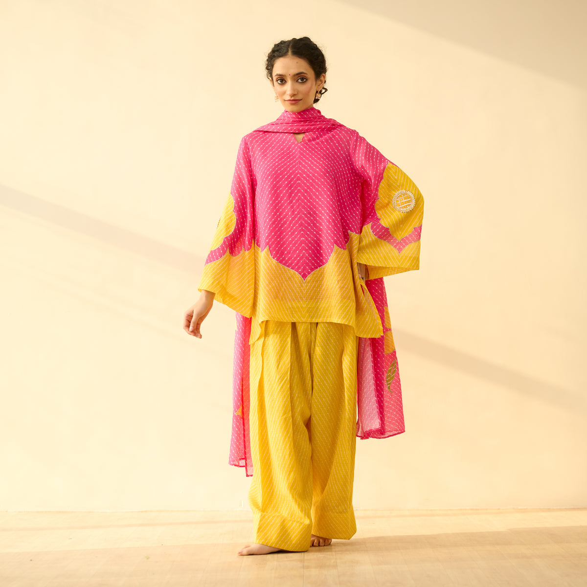 Sundari Kota Doria Cotton Farshi Set with Dupatta - Gulal Pink & Haldi Yellow