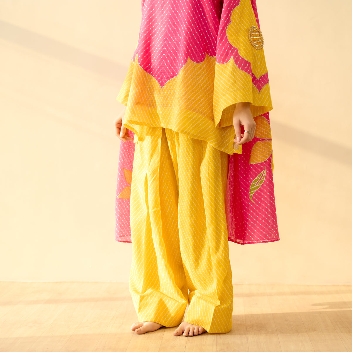 Sundari Kota Doria Cotton Farshi Set with Dupatta - Gulal Pink & Haldi Yellow
